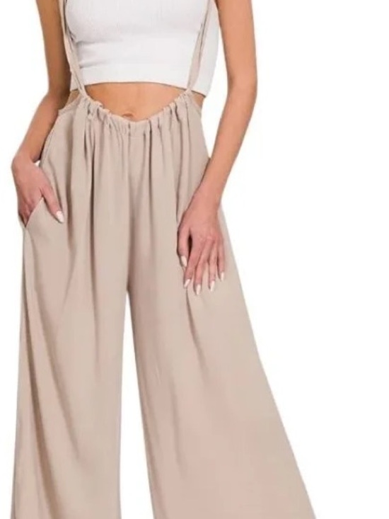 Zenana Outfitters Pants - Zenana Outfitters Beige Wide-Leg Suspender Jumpsuit Pants